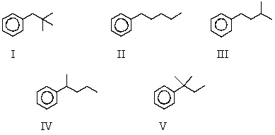 The reaction of benzene with (CH<sub>3</sub>) <sub>3</sub>CCH<sub>2</sub>Cl in the presence of anhydrous aluminum chloride produces principally which of these?   A) I B) II C) III D) IV E) V