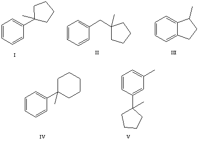 The reaction of benzene with   in the presence of anhydrous aluminum chloride produces principally which of these?   A) I B) II C) III D) IV E) V