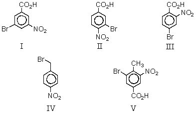 Toluene is subjected to the action of the following reagents in the order given: (1) KMnO<sub>4</sub>,OH<sup>-</sup>,heat; then H<sub>3</sub>O<sup>+</sup> (2) HNO<sub>3</sub>,H<sub>2</sub>SO<sub>4</sub> (3) Br<sub>2</sub>,FeBr<sub>3</sub> What is the final product of this sequence?   A) I B) II C) III D) IV E) V