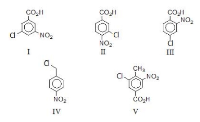 Toluene is subjected to the action of the following reagents in the order given: (1) KMnO<sub>4</sub>,OH<sup>-</sup>,heat; then H<sub>3</sub>O<sup>+</sup> (2) HNO<sub>3</sub>,H<sub>2</sub>SO<sub>4</sub> (3) Cl<sub>2</sub>,FeCl<sub>3</sub> What is the final product of this sequence?   A) I B) II C) III D) IV E) V