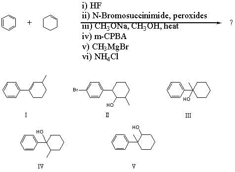 What product would result from the following series of reactions,   A) I B) II C) III D) IV E) V