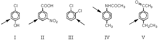 Each of the five disubstituted benzenes shown below is nitrated.In which of these cases does the arrow not indicate the chief position of nitration.   A) I B) II C) III D) IV E) V