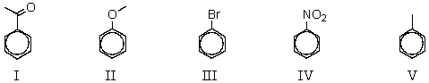 Arrange the following compounds in order of decreasing reactivity in electrophilic substitution:   A) V > II > I > III > IV B) II > V > III > I > IV C) IV > I > III > V > II D) III > II > I > IV > V E) IV > V > II > I > III