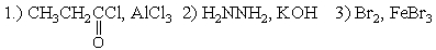 The compound 4-bromo-1-propylbenzene is best made from benzene by the application of these reagents in the order shown: A) (1) Br<sub>2</sub>,Fe (2) CH<sub>3</sub>CH<sub>2</sub>CH<sub>2</sub>Cl,AlCl<sub>3</sub> B) (1) CH<sub>3</sub>CH<sub>2</sub>CH<sub>2</sub>Cl,AlCl<sub>3</sub> (2) Br<sub>2</sub>,Fe C)    D)    E) (1) (CH<sub>3</sub>) <sub>2</sub>CHCl,AlCl<sub>3</sub> (2) Br<sub>2</sub>,Fe