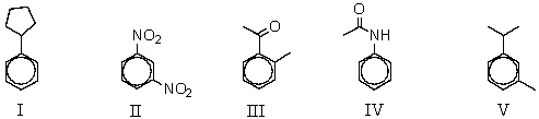 Which of the following compounds would be least reactive toward electrophilic substitution?   A) I B) II C) III D) IV E) V