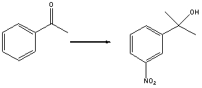 Which is the best sequence of reactions for the following transformation?   A) i) HNO<sub>3</sub>,H<sub>2</sub>SO<sub>4</sub>; ii) CH<sub>3</sub>MgBr,Et<sub>2</sub>O; iii) H<sub>2</sub>O,NH<sub>4</sub>Cl B) i) CH<sub>3</sub>MgBr,Et<sub>2</sub>O; ii) H<sub>3</sub>O<sup>+</sup>,heat; iii) HNO<sub>3</sub>,H<sub>2</sub>SO<sub>4</sub> C) i) HNO<sub>3</sub>,H<sub>2</sub>SO<sub>4</sub>; ii) NaBH<sub>4</sub>,H<sub>2</sub>O; iii) H<sub>3</sub>O<sup>+</sup>,heat D) i) HNO<sub>3</sub>,H<sub>2</sub>SO<sub>4</sub>; ii) LiAlH<sub>4</sub>,H<sub>2</sub>O; iii) H<sub>3</sub>O<sup>+</sup>,heat E) None of these syntheses is satisfactory.
