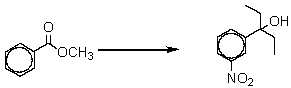Which is the best sequence of reactions for the following transformation?   A) i) HNO<sub>3</sub>,H<sub>2</sub>SO<sub>4</sub>; ii) 2EtMgBr,Et<sub>2</sub>O; iii) NH<sub>4</sub>Cl B) i) 2EtMgBr,Et<sub>2</sub>O; ii) H<sub>3</sub>O<sup>+</sup>; iii) HNO<sub>3</sub>,H<sub>2</sub>SO<sub>4</sub> C) i) HNO<sub>3</sub>,H<sub>2</sub>SO<sub>4</sub>; ii) NaBH<sub>4</sub>,H<sub>2</sub>O; iii) 2EtMgBr,Et<sub>2</sub>O D) i) LAH; ii) 2EtLi,Et<sub>2</sub>O; iii) HNO<sub>3</sub>,H<sub>2</sub>SO<sub>4</sub>,heat E) None of these syntheses is satisfactory.
