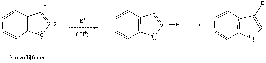 Based on your knowledge of electrophilic aromatic substitution,and assuming the furan ring of benzo[b]furan (shown)is activated toward electrophilic aromatic substituted more so than the benzenoid ring,predict the preferential position of attack of an electrophile,i.e.,does the electrophile E<sup>+</sup> attack carbon 2,or 3? Explain your answer.   Which substitution product forms preferentially and why?