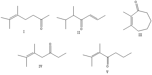 What is the correct structure for 2,3-dimethyl-2-hepten-4-one?   A) I B) II C) III D) IV E) V