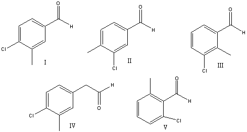 What is the correct structure for 4-chloro-3-methylbenzaldehyde?   A) I B) II C) III D) IV E) V