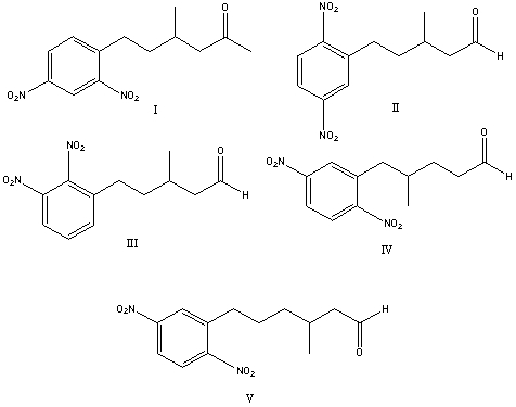 What is the correct structure for 3-methyl-5-(2,5-dinitrophenyl) pentanal?   A) I B) II C) III D) IV E) V