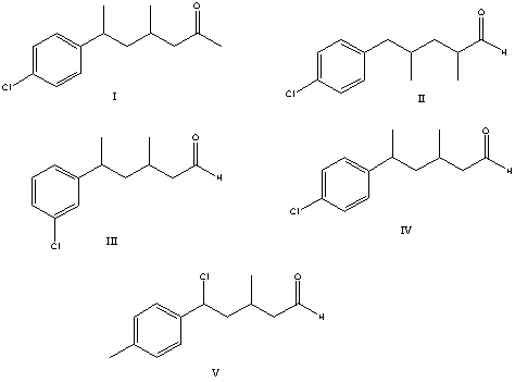 What is the correct structure for 3-methyl-5-(4-chlorophenyl) hexanal?   A) I B) II C) III D) IV E) V