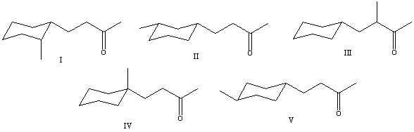 What is the correct structure for 4-(1-methylcyclohexyl) -2-butanone?   A) I B) II C) III D) IV E) V