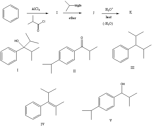 The product,K,of the following sequence of reactions would be:   A) I B) II C) III D) IV E) V