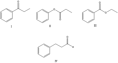 The product,E,of the following sequence of reactions   would be:   A) I B) II C) III D) IV E) None of these choices.