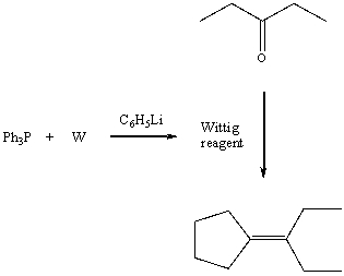 What is the reactant W in the synthesis given below?   A) Cyclopentanone B) Cyclopentene C) Cyclopentanol D) Bromocyclopentane E) Triphenylphosphine oxide