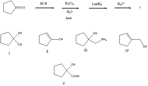 What is the major product of the following reaction sequence?   A) I B) II C) III D) IV E) V