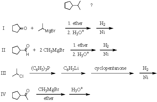 Which reaction sequence would be used to prepare   A) I B) II C) III D) IV E) All of these choices would yield the product.
