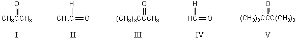 What,in general,is the order of decreasing reactivity of these carbonyl compounds towards nucleophilic reagents?   A) I > III > IV> II > V B) IV > II > I > III > V C) V > III > I > II > IV D) I > IV > II > III > V E) III > V > IV > II > I