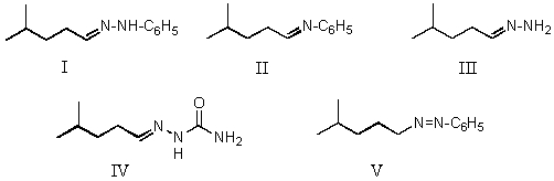 Which of the following is formed when 4-methylpentanal reacts with phenylhydrazine?   A) I B) II C) III D) IV E) V