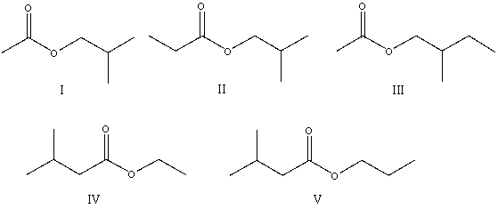 The correct structure for ethyl 3-methylbutanoate is:   A) I B) II C) III D) IV E) V
