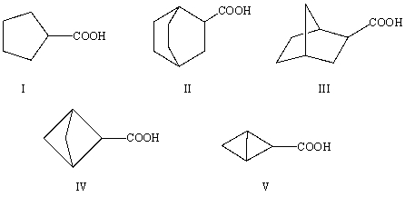The correct structure for bicyclo[1.1.1]pentane-2-carboxylic acid is:   A) I B) II C) III D) IV E) V