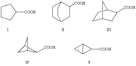 The correct structure for bicyclo[2.2.2]octane-2-carboxylic acid is:   A) I B) II C) III D) IV E) V