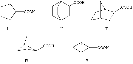 The correct structure for bicyclo[1.1.0]butane-2-carboxylic acid is:   A) I B) II C) III D) IV E) V