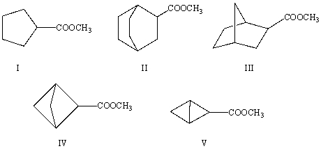 The correct structure for methyl bicyclo[1.1.1]pentane-2-carboxylate is:   A) I B) II C) III D) IV E) V