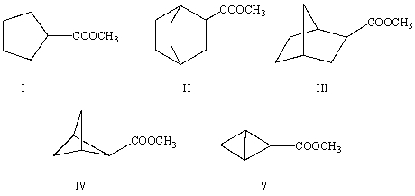 The correct structure for methyl bicyclo[2.2.2]octane-2-carboxylate is:   A) I B) II C) III D) IV E) V