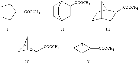 The correct structure for methyl bicyclo[1.1.0]butane-2-carboxylate is:   A) I B) II C) III D) IV E) V