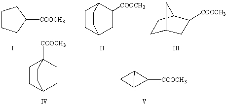The correct structure for methyl bicyclo[2.2.2]octane-1-carboxylate is:   A) I B) II C) III D) IV E) V