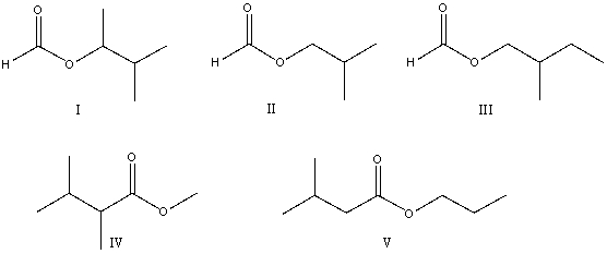 The correct structure for 2-methylbutyl methanoate is:   A) I B) II C) III D) IV E) V