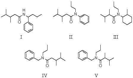 Which of the following structures is N-benzyl-N-propyl-2,3-dimethylbutanamide?   A) I B) II C) III D) IV E) V