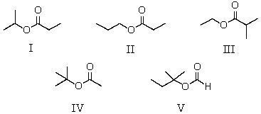  A compound has the molecular formula,C<sub>6</sub>H<sub>12</sub>O<sub>2</sub>.Its IR spectrum shows a strong absorption band near 1740 cm<sup>-1</sup>; its <sup>1</sup>H NMR spectrum consists of two singlets,at  \delta 1.4 and  \delta 2.0.The most likely structure for this compound is:   A) I B) II C) III D) IV E) V 