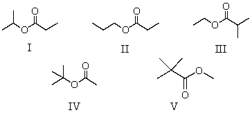  A compound has the molecular formula,C<sub>6</sub>H<sub>12</sub>O<sub>2</sub>.Its IR spectrum shows a strong absorption band near 1740 cm<sup>-1</sup>; its <sup>1</sup>H NMR spectrum consists of two singlets,at  \delta 1.2 and  \delta  3.6.The most likely structure for this compound is:   A) I B) II C) III D) IV E) V 