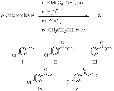 The product,Z,of the following sequence of reactions is which compound?   A) I B) II C) III D) IV E) V