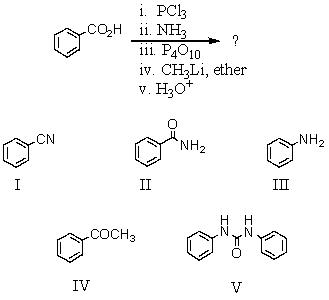 What would be the final product of this reaction sequence?   A) I B) II C) III D) IV E) V
