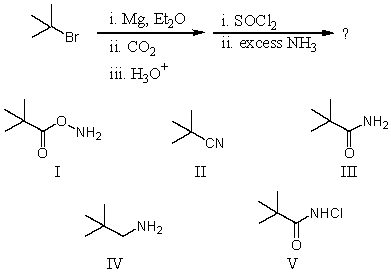 What is the final product of this sequence of reactions?   A) I B) II C) III D) IV E) V