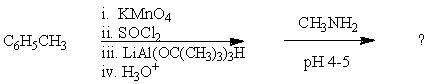 What would be the final organic product of the following reaction?   A) C<sub>6</sub>H<sub>5</sub>CO<sub>2</sub>H B) C<sub>6</sub>H<sub>5</sub>CH<sub>2</sub>CH<sub>2</sub>NCH<sub>3</sub> C) C<sub>6</sub>H<sub>5</sub>CH<sub>2</sub>CH<sub>2</sub>CN D) C<sub>6</sub>H<sub>5</sub>CH=NCH<sub>3</sub> E) C<sub>6</sub>H<sub>5</sub>CH<sub>2</sub>NCH<sub>3</sub>