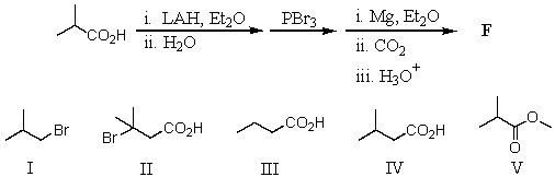 What would be the final product,F,of the following sequence of reactions?   A) I B) II C) III D) IV E) V