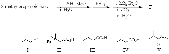 What would be the final product,F,of the following sequence of reactions?   A) I B) II C) III D) IV E) V