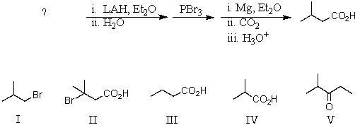 What is the reactant of the following reaction sequence?   A) I B) II C) III D) IV E) V