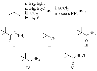 What is the final product of this sequence of reactions?   A) I B) II C) III D) IV E) V