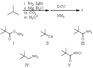 What is the final product of this sequence of reactions?   A) I B) II C) III D) IV E) V