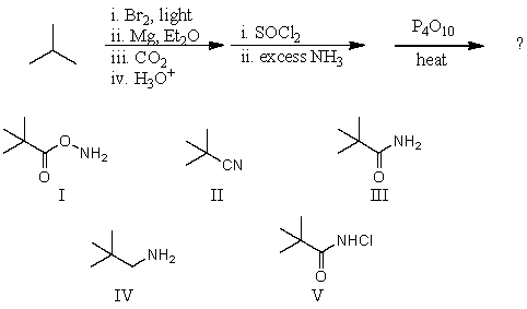 What is the final product of this sequence of reactions?   A) I B) II C) III D) IV E) V