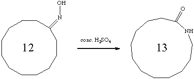 Nylon 12 is a polyamide that has found significant commercial value in the manufacture of automobile fuel lines.Nylon 12 is prepared industrially through the polymerization of the 13-member ring lactam monomer shown:   This lactam is readily prepared by the reaction of the cyclododecanone oxime with aqueous acid.   Propose a mechanism for this transformation.