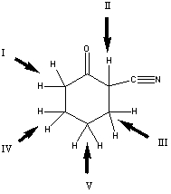 Which is the most acidic hydrogen in the compound shown?   A) I B) II C) III D) IV E) V