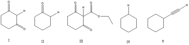 Considering only the highlighted hydrogens,list the following compounds in order of increasing acidity:   A) IV,II,III,I,V B) II,V,IV,I,III C) III,I,IV,II,V D) IV,V,II,I,III E) V,IV,III,II,I