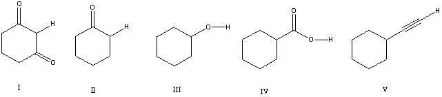 Considering only the highlighted hydrogens,list the following compounds in order of increasing acidity:   A) I,II,III,IV,V B) II,V,III,I,IV C) III,I,IV,II,V D) IV,V,II,I,III E) V,II,III,I,IV